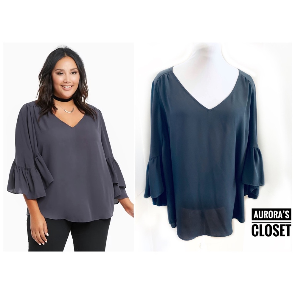 Torrid 1X Gray Georgette Ruffle Bell Sleeve Top